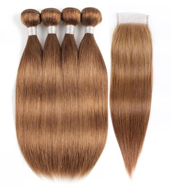 30 pacotes de cabelo humano castanho médio com fechamento brasileiro extensões de cabelo humano reto 1624 Polegada 3 ou 4 pacotes com 4x4 lace9174000