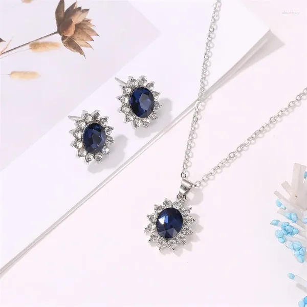 Anhänger-Halsketten, luxuriöses Design, Sonnenblumen-Zirkon-Set, Schmuck, Ohrstecker, exquisite blaue Kristall-Halskette für Frauen, romantischer Valentinstag