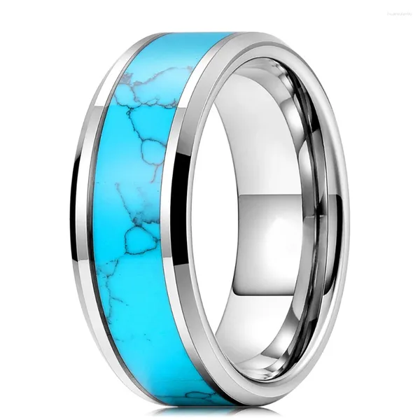 Anéis de casamento moda 8mm homens prata cor titânio anel azul zircão pedra incrustada polida plana para jóias de banda