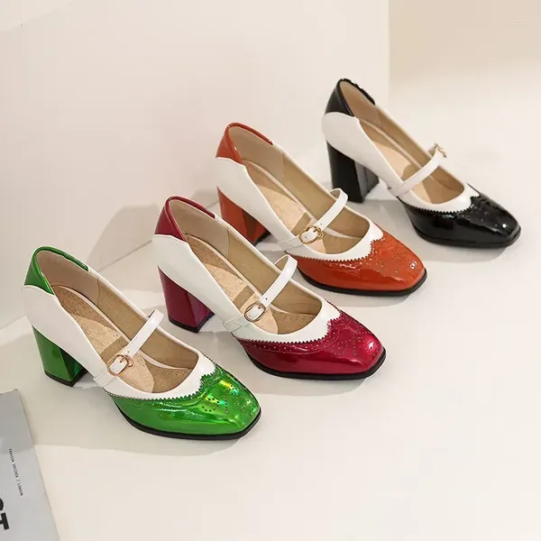 Классические туфли, зеленые, оранжевые, черные женские лакированные туфли-лодочки с резьбой, милые туфли Мэри Джейн на высоком каблуке, женская обувь, размер 48