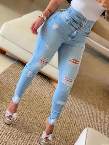 Женские джинсы, женские эластичные узкие рваные брюки с высокой талией, облегающие джинсовые брюки-карандаш с запахом на бедрах Y2k, уличная одежда в стиле панк, голубые брюки