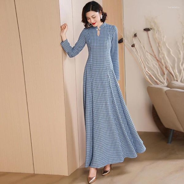 Vestidos casuais estilo chinês outono vestido longo para mulheres escritório senhora azul xadrez cintura fina robe fit aniversário