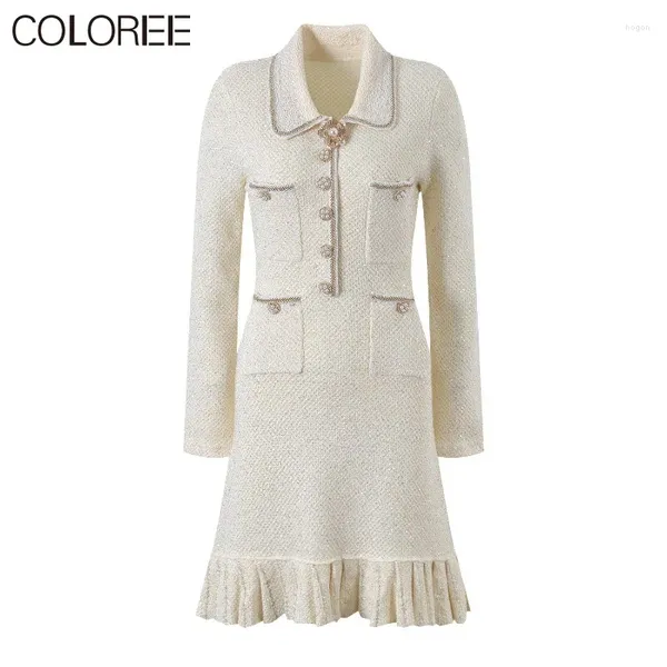 Abiti casual di lusso con paillettes perline abito maglione lavorato a maglia donna 2024 autunno inverno elegante colletto rovesciato manica lunga Mini Vestido