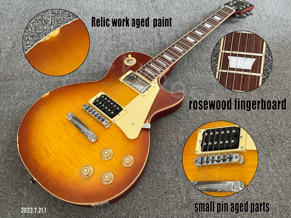 E -Gitarre Jimmy Page Model Relic Honig Burst Farbe und gealterte Partssmall Pin Bridge Knochenmutter Rich Flame Top