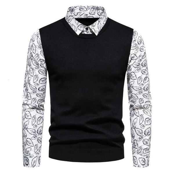 Maglione fantasia da uomo con maniche stampate fondo casual colletto della camicia finta polo in maglia slim in due pezzi firmata top 240104