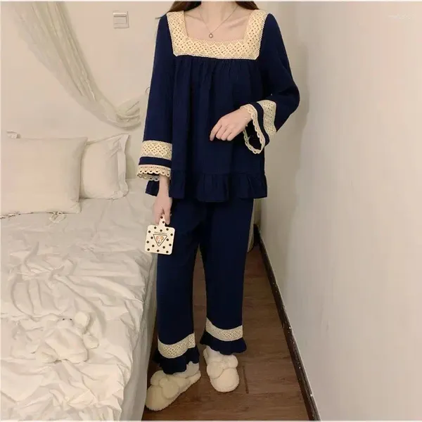 Mulheres sleepwear rendas mulheres pijama conjuntos de gola quadrada calças compridas terno 2 peças outono piiama sólido manga completa estilo coreano noite veste