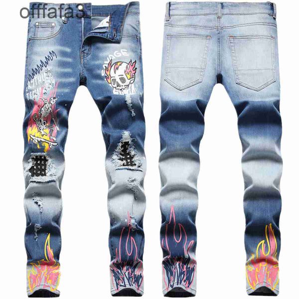 Pantaloni da uomo jeans viola 2021 Spring Street Print Ginocchio Foro Perline per unghie Personalizzati Elastici Slim Fit Piccoli Jeans a gamba dritta per uomo