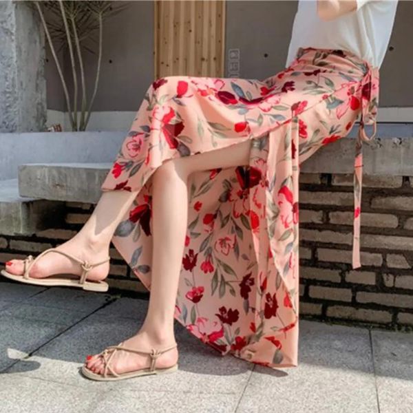 Salia Bohemian Floral Print Salia de verão feminino boho maxi saia Onepiece High Split Fit Wrap Long Skirt Clothing Gypsy