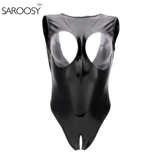 SAROOSY Sexy elastisches PVC-Vinyl, Schwarz, für Damen, hochgeschnittener Tanga, offene Körbchen, erotische Trikot-Kostüme, Latex-Body, Übergröße 1357193