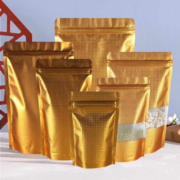 50 peças 18*26cm ouro em relevo grande saco de folha de alumínio levante-se resealable saco plástico mylar dourado sacos de armazenamento de grãos de feijão de alimentos hulhr