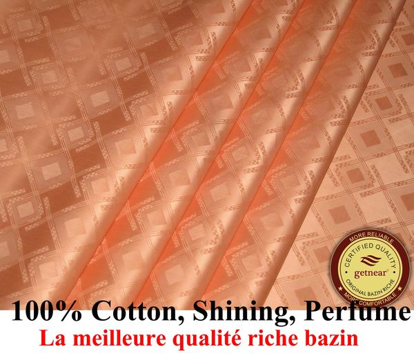 Stoff Hochwertiger pfirsichfarbener Bazin-Riche-Stoff, Deutschland-Qualität, 10 Yards/Beutel, Guinea-Brokat-Kleidungsstoff, 100 % weicher Baumwollstoff mit Perf