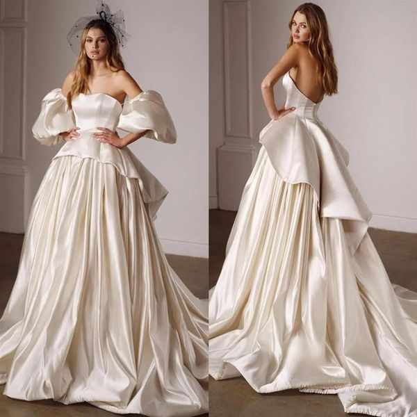 Abiti Abiti da sposa avorio Collo senza spalline Peplo Abiti da sposa con maniche staccabili Taglie forti Una linea Sweep Train Raso Vestido De Nov