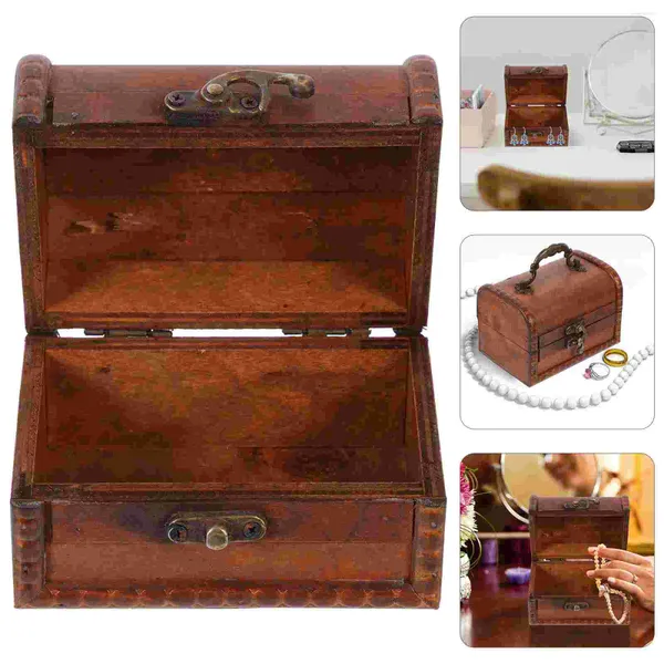 Sacchetti per gioielli Scatola del tesoro in legno decorativa Custodia per organizzatore di gingilli in legno vintage con armadietto