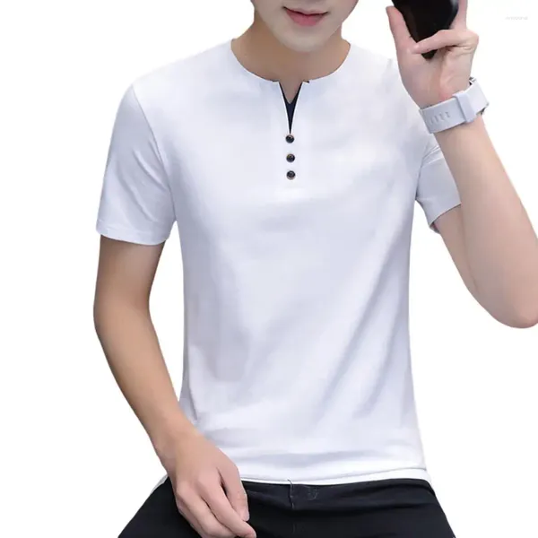 Мужские футболки, модные однотонные свободные корейские футболки с v-образным вырезом и пуговицами, мужская одежда, осень 2024, повседневные пуловеры, универсальные футболки