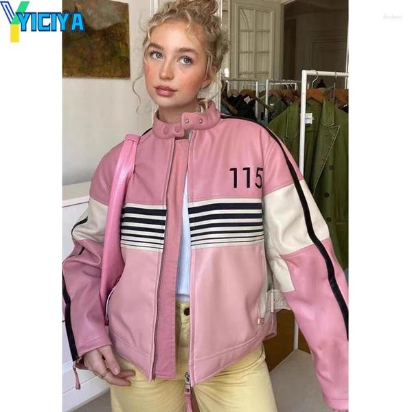 Giubbotti da donna YICIYA Giacca in pelle Rosa Y2k Auto da corsa Cappotti da donna Bomber Moda coreana Abiti da moto invernali Streetwear Top