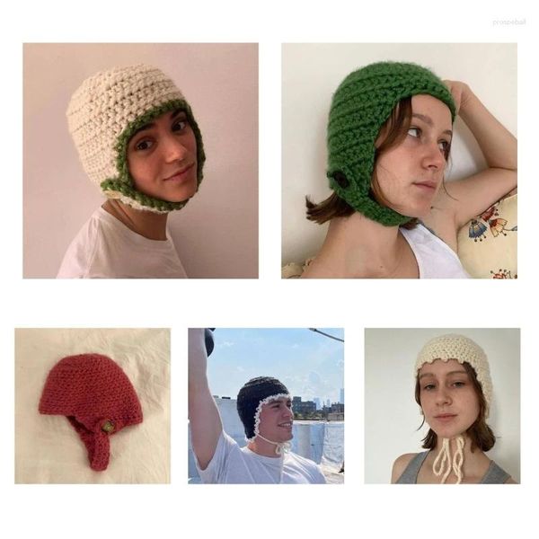 Berretti con cinturino e berretto con paraorecchie, cappello Y2k, gotico, fatto a mano all'uncinetto, per donne, ragazze adolescenti, inverno