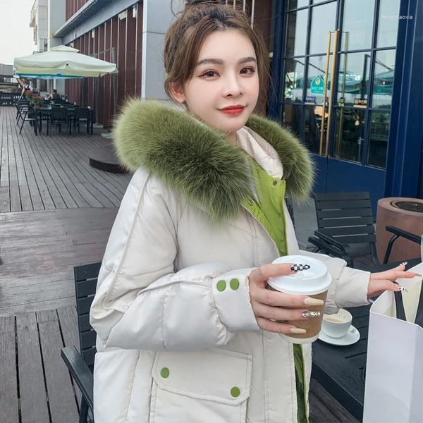 Piumino invernale da donna in stile coreano, collo in pelliccia grande, cappotto lungo con cappuccio, parka caldo e solido, abbigliamento femminile