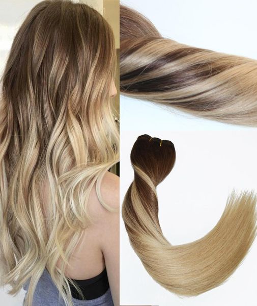 120 Gramm Clip-in-Extensions aus reinem Remy-Haar, Balayage-Haarverlängerung, Ombré-Mittelbraun bis Aschblond, Highlights, Echthaar-Extensions6333211