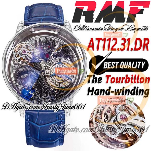 RMF AT112.31.DR Astronomia Tourbillon Mecânico Mens Watch Iced Out Paved Baguette Diamonds 3D Art Black Dragon Dial Leather Super Edition trustytime001Relógios