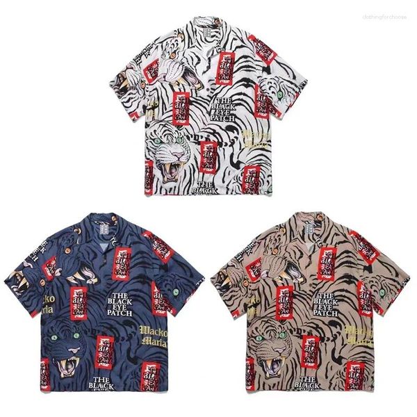 Camisas casuais masculinas 2024 Wacko Maria limitada camisa curta nuvem tigre impressão gráfico tee homens mulheres hip hop colar cubano top havaiano