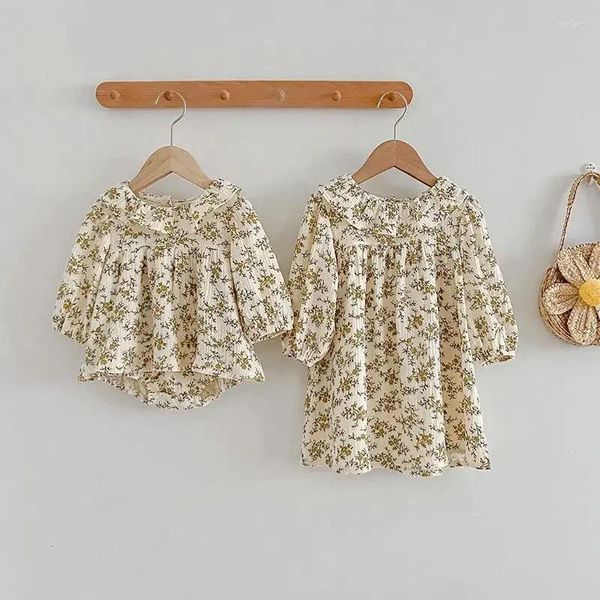 Mädchen Kleider Familie Passende Outfits Mädchen Bodysuit Kinder Vintage Blumendruck Serie Strampler Kinder Boutique Schwester Baby Anzug Sets