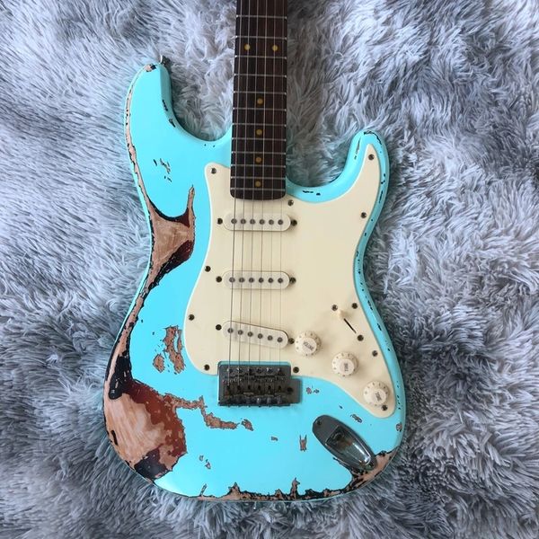 Venda quente de boa qualidade personalizado vintage guitarra elétrica de alta qualidade, corpo de amieiro 21 traste azul com instrumentos musicais de madeira rosa