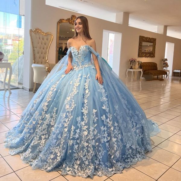 Cielo blu principessa sexy innamorato vestito da ballo 2024 Quinceanera fiocco in rilievo tull con mantello corsetto dolce 15 16 ragazze vestono abiti da 15