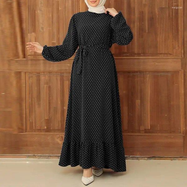 Etnische Kleding Vintage Polka Dot Jurk Mode Lange Mouw Verstoorde Moslim Abaya Niet-douanekosten Producten Turkije Elegante Femme Gordel