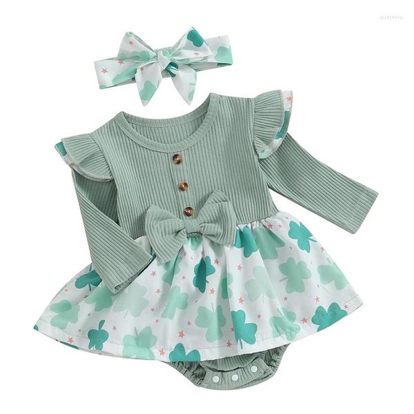 Conjuntos de roupas Bebê Meninas Quatro Folhas Clover Romper Dress Outfits Set St Patrick S Day Bodysuit Redondo Pescoço Ruffle Ombro Manga Longa