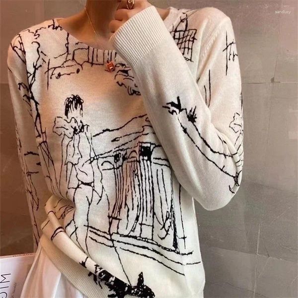 Maglioni da donna 2024 T-shirt in maglia di lana imitazione T-shirt a maniche lunghe Graffiti Digital Jacquard Pullover Maglione da donna Estate sottile G132