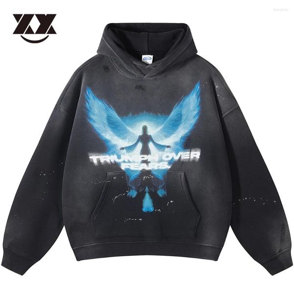 Erkek Hoodies Yıkanmış Harajuku Sıradan Gevşek Gotik Sweatshirt Melek Mektup Baskı Retro Sıkıntılı Kapşonlu Sokak Giyim Pamuk Hoodie