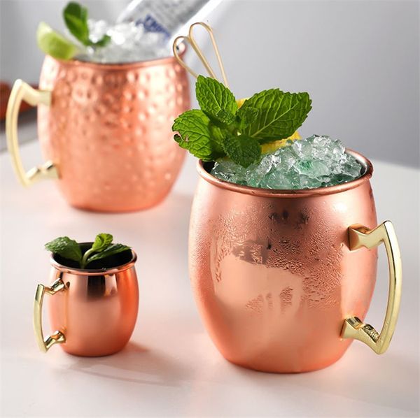 Copo Moscow Mule Caneca de coquetel de aço inoxidável com borda enrolada de metal banhado a cobre com martelo apontando copos de cerveja LT747