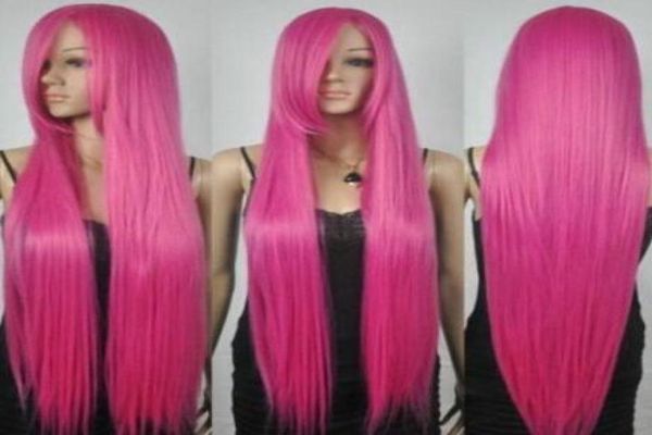 Novo extra longo reto rapunzel emaranhado rosa franja cosplay perucas de cabelo 1560932