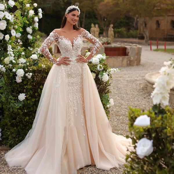Элегантное свадебное платье русалки 2 в 1 с кружевной аппликацией 2024, платье принцессы с длинными рукавами и шлейфом, платье невесты для женщин, Vestido De Novia