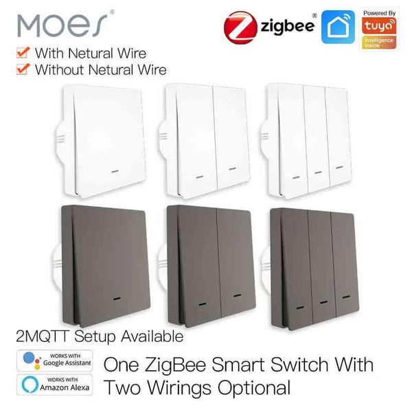 Interruttore 1PCS Moes Smart Light Switch Tuya ZigBee Nessun cavo neutro Nessun condensatore necessario Smart Life 2/3 vie Funziona con Alexa Google Home 2mqtt