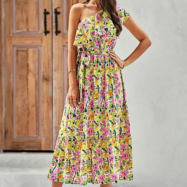 Robes décontractées élégant Boho imprimé floral une épaule robe femmes sans manches sexy longue bohème vacances fête dame robes