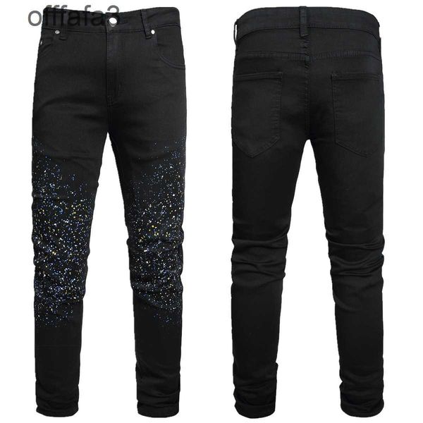 Lila Jeans Herrenhose 2024 Neuer Straßentrend Beliebte Starry Sky Herrenjeans Schwarz Slim Fit Gerades Bein Elastische Freizeithose