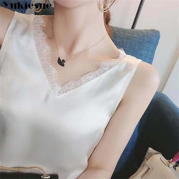 Canotte estate moda coreana seta donna camicette streetwear raso top sexy pizzo senza maniche canotte bianche femminili camicia bianca XXXL