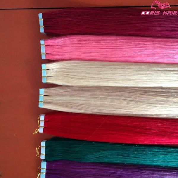 Extensões adesivas dupla face fita rosa extensões de cabelo em linha reta indiano colorido fita extensões de cabelo fita de cabelo humano em extensões grátis