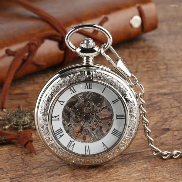Relógios de bolso relógio mecânico de prata de vidro transparente masculino com movimento de enrolamento de mão de corrente relógio de moda vintage presente
