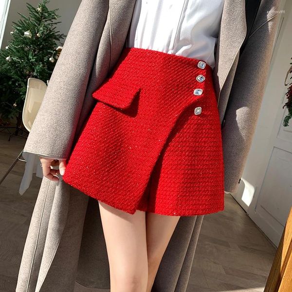 Frauen Shorts Strass Tasten Tweed Rock Hohe Taille Koreanische Unregelmäßigen Schlitz Weibliche Winter Woolen Skorts Mujer Jahr Kleidung