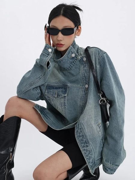 Cappotto di jeans da donna dolcevita monopetto manica intera patchwork versatile giacca moda autunno streetwear soprabito 240122