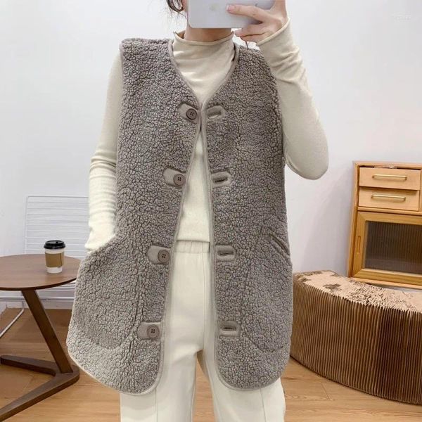 Gilet da donna Gilet lungo da donna Autunno inverno Cappotti in lana d'agnello Gilet termico Giacca senza maniche in pile caldo Capispalla donna Top