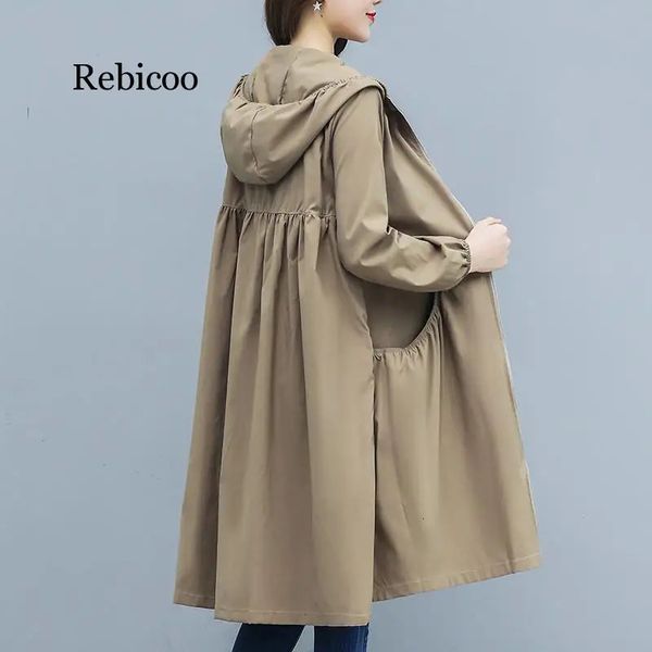 Frühling und Sommer Mit Kapuze Gerade Trenchcoat frauen Lange Lose Größe Joker Mantel Reißverschluss Damen Trenchcoat 240104