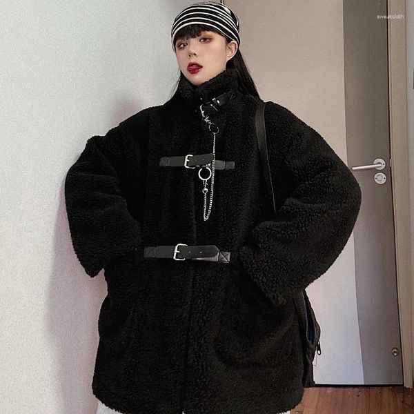 Trench da donna Inverno Lana di agnello Cotone Super caldo Cintura scura Catena Abbigliamento da lavoro Collo alto Cappotto di pelliccia Giacca da donna