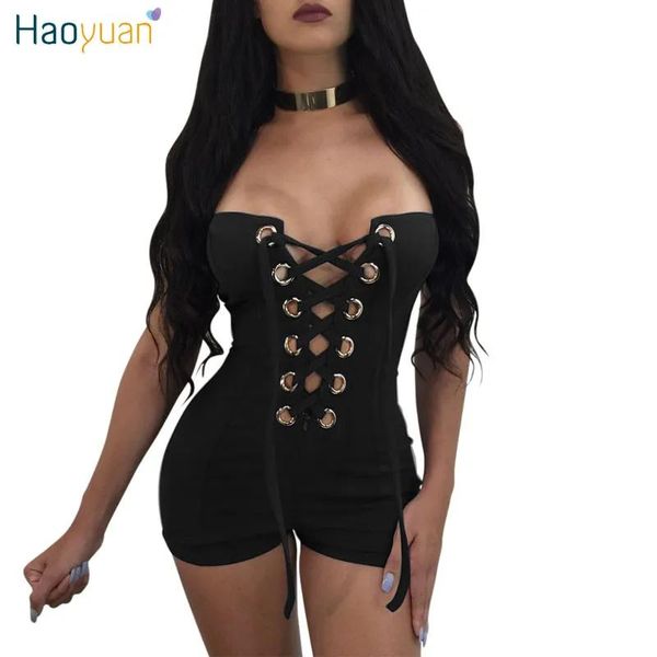 Strampler HAOYUAN Trägerloser Schnürverband Sexy Overall Sommer Nieten Ausgehöhlter, figurbetonter Bodysuit Club Wear Schwarzer Strampler Damen Overall q