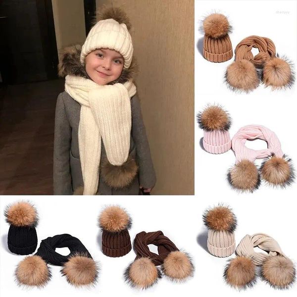 Sciarpe 2 pezzi Set bambini cappello invernale sciarpa per ragazze vera pelliccia di procione pon berretti donna berretto lavorato a maglia all'ingrosso