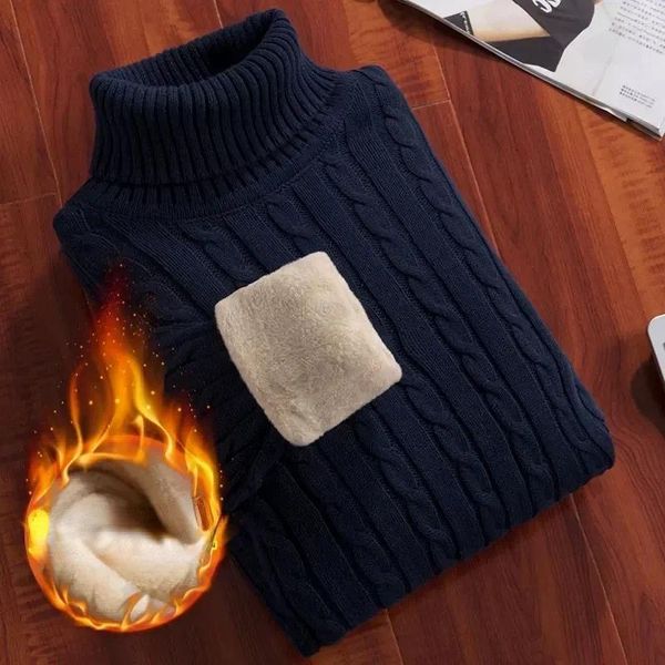 Camisolas masculinas Mens Inverno Algodão Lã Super Quente Turtleneck Homem Cor Sólida Pulôveres de Malha Ano Veludo Tops Internos