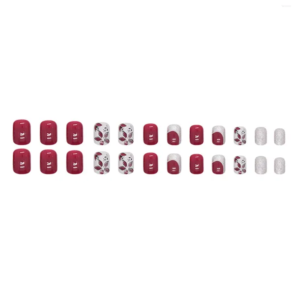 Künstliche Nägel mit silberner Glitzerfassung, Rosenrot, gefälschte, quadratische, vollflächige künstliche Nagelspitzen für Maniküre-Liebhaber und Beauty-Blogger