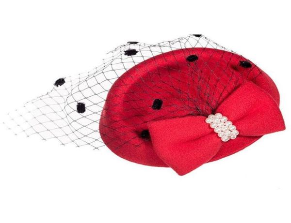 Geizige Brimhüte elegante Faszinatoren Schwarz Red Weddings Pillbox Hut für Frauen Stroh Fedora Vintage Ladies Dress8924775